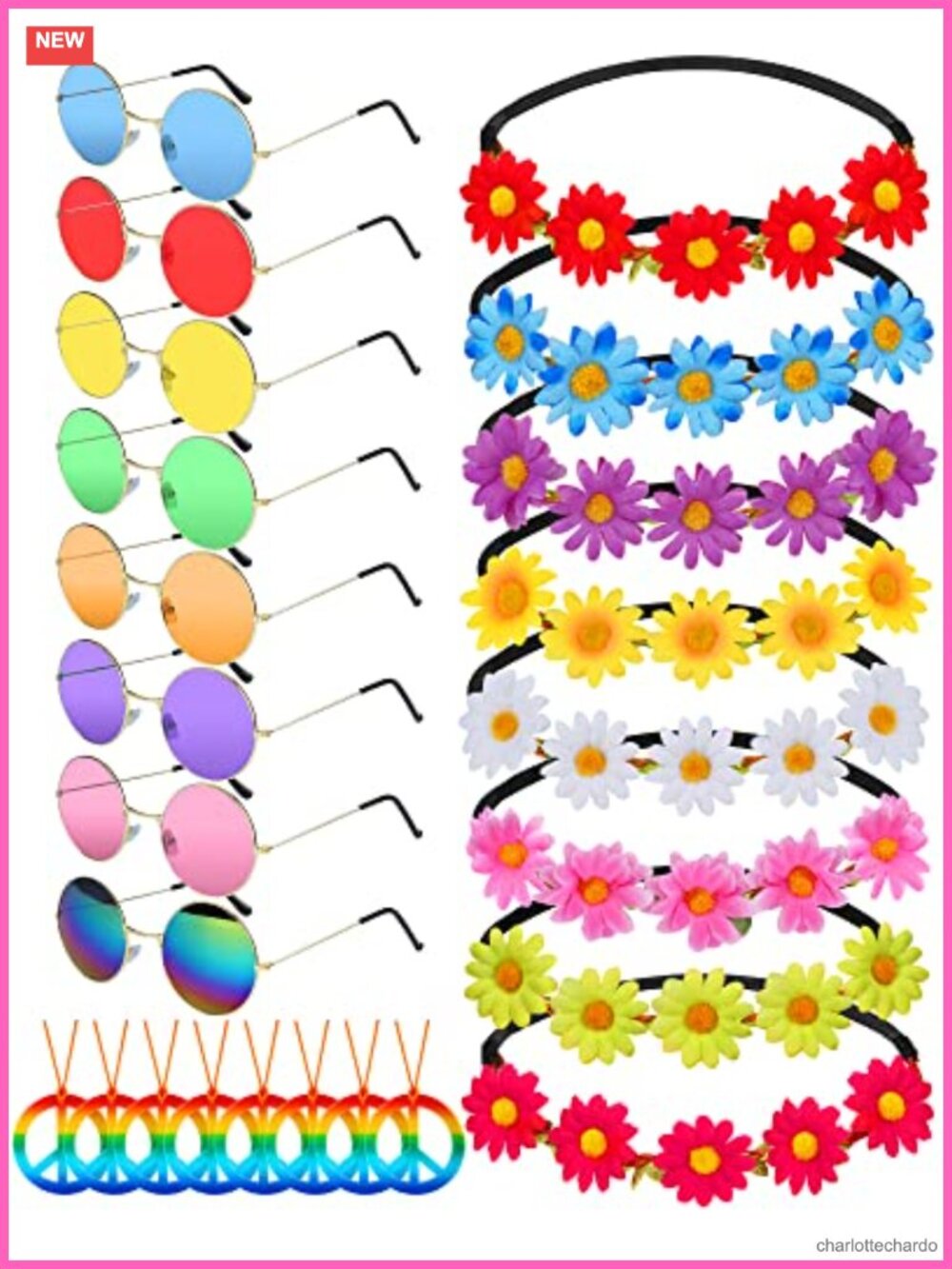 24 Pc Hippie Costume Accessory Set Peace Necklaces Headbands Sunglasses